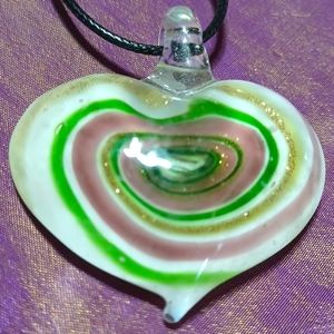 Glass heart handmade hand-blown murano lampwork pendant white gold green purple